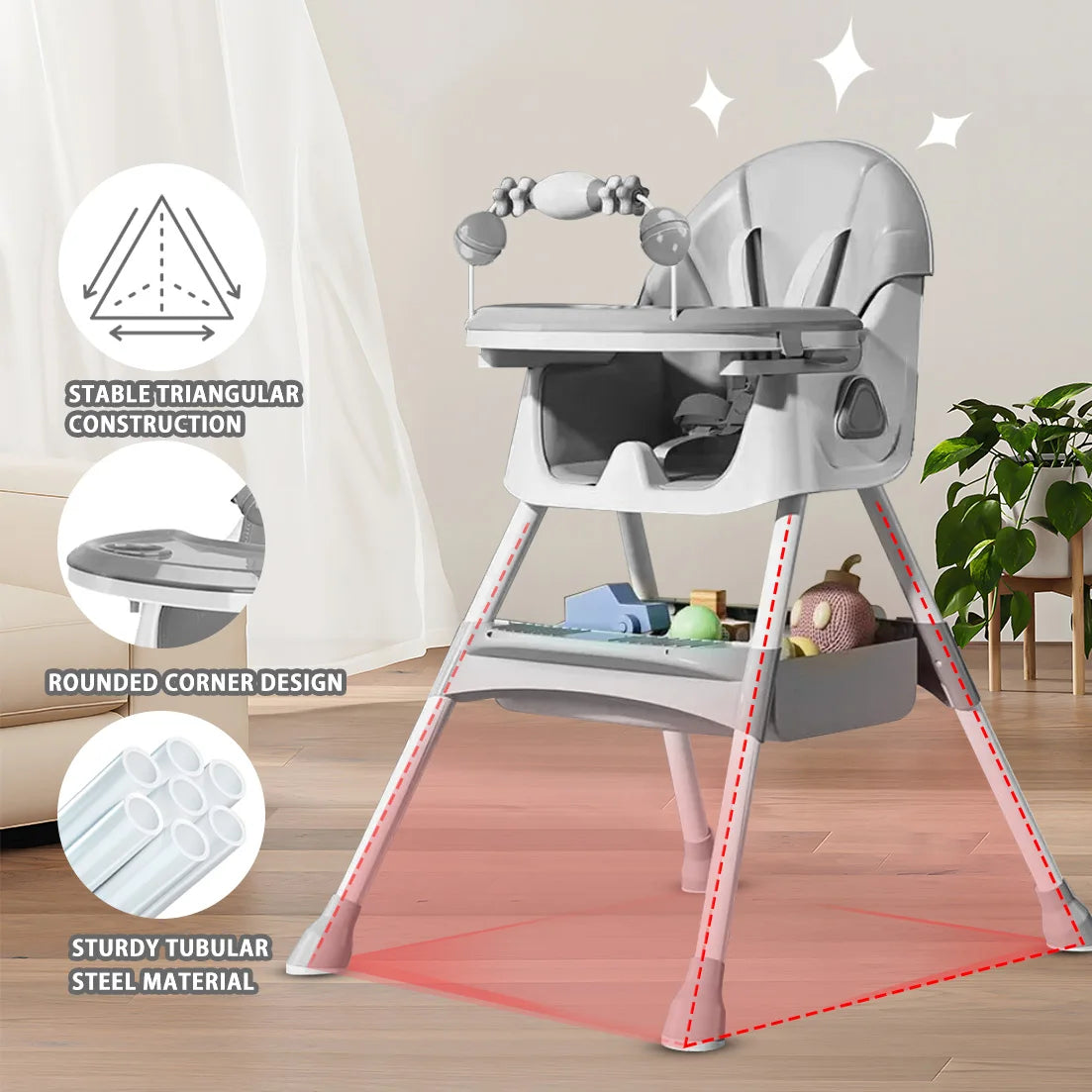 Foldable Baby High Chair – Adjustable Feeding Seat with Tray & Toy Rack.