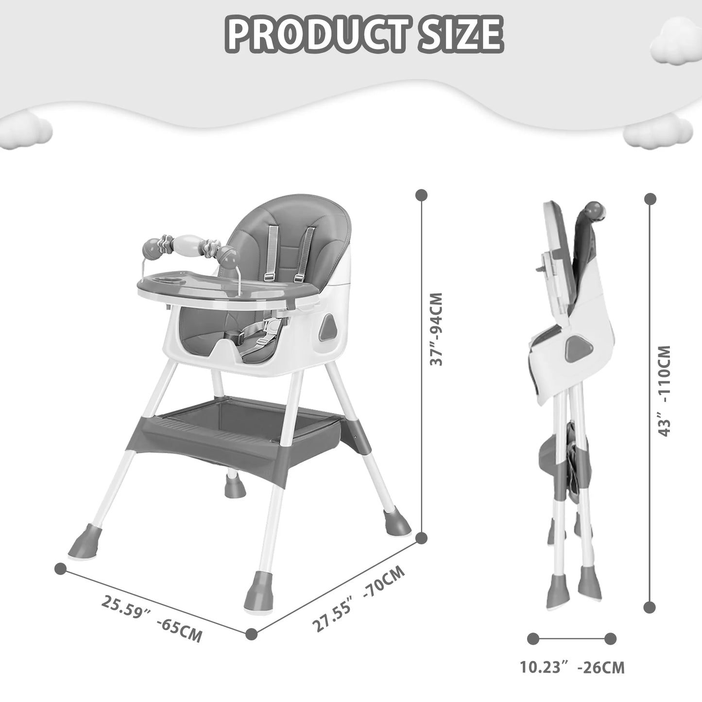 Foldable Baby High Chair – Adjustable Feeding Seat with Tray & Toy Rack.