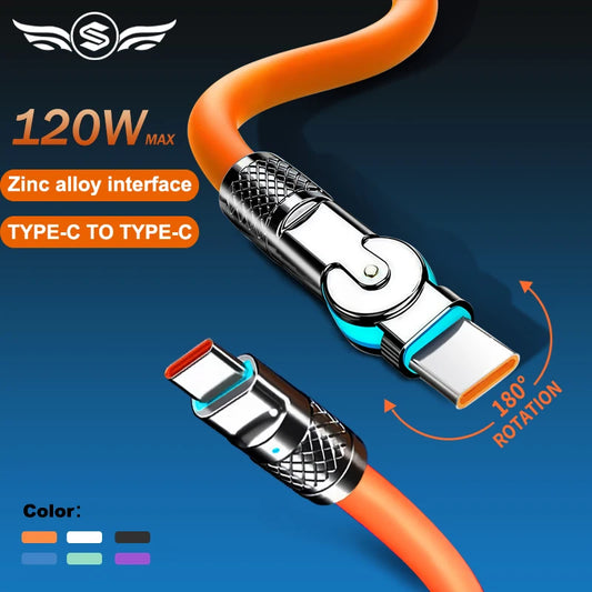120W Super Fast Charge Type-C to Type-C Silicone Cable – 180° Rotating Elbow.
