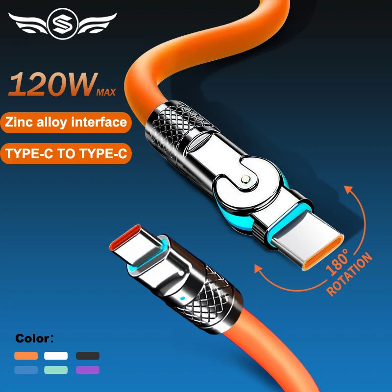 120W Super Fast Charge Type-C to Type-C Silicone Cable – 180° Rotating Elbow.