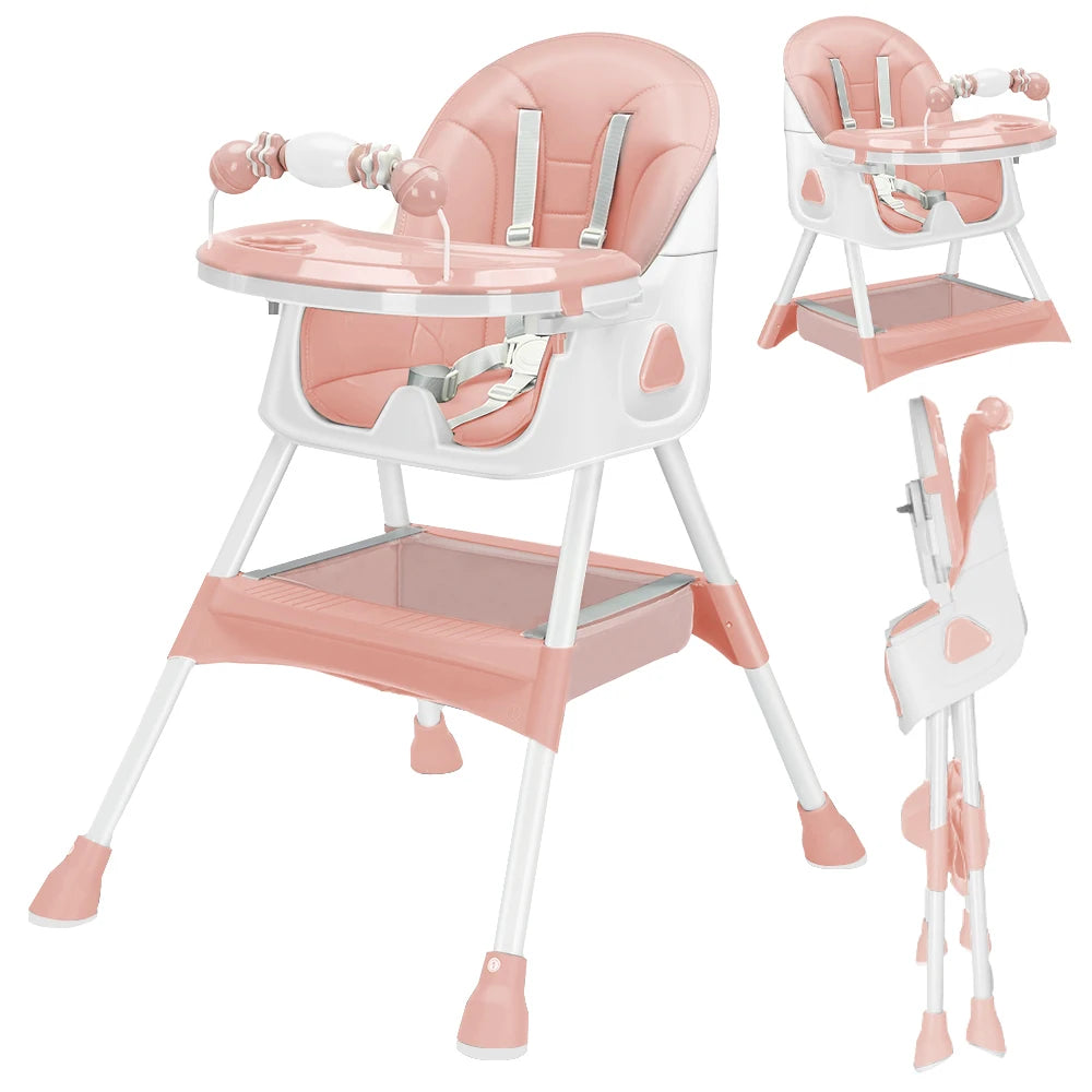 Foldable Baby High Chair – Adjustable Feeding Seat with Tray & Toy Rack.