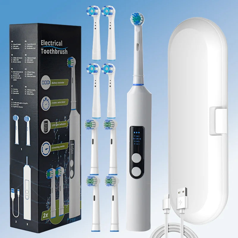 Rechargeable Electric Toothbrush – Rotating Round Head with LED Display for Men & Women.