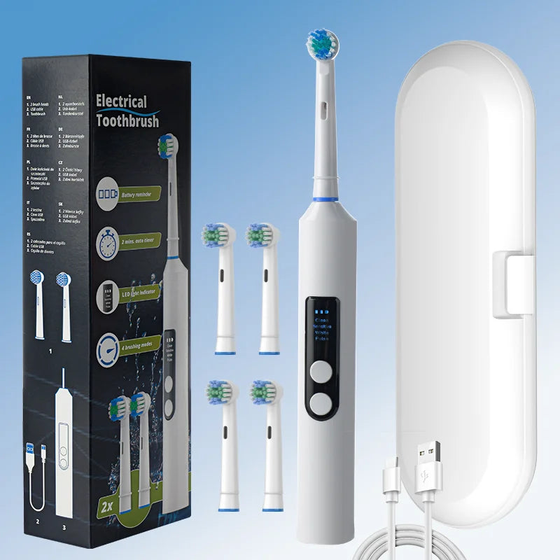 Rechargeable Electric Toothbrush – Rotating Round Head with LED Display for Men & Women.