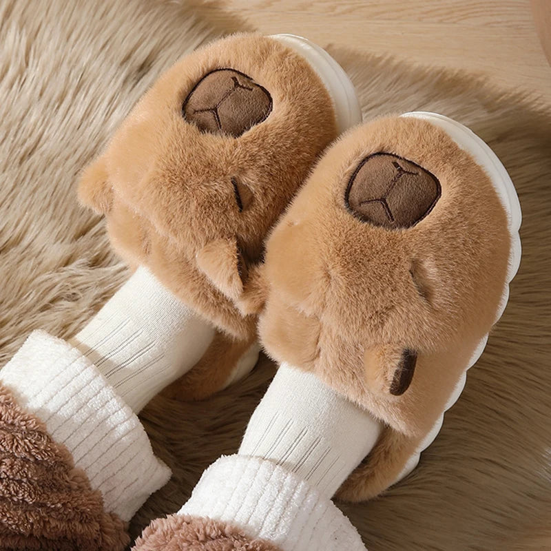 Cute Capybara Winter Slippers for Women – Warm Plush Indoor Slides.