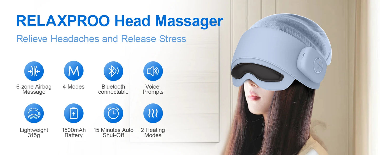 Smart Head & Eye Massager with Heat – Bluetooth Stress & Fatigue Relief Device.