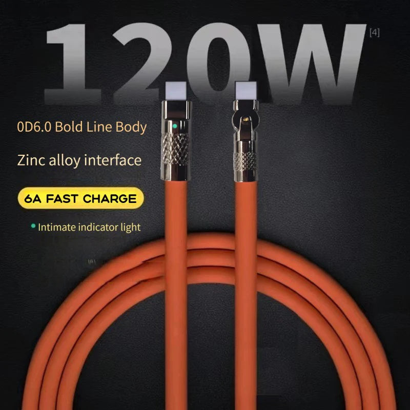 120W Super Fast Charge Type-C to Type-C Silicone Cable – 180° Rotating Elbow.