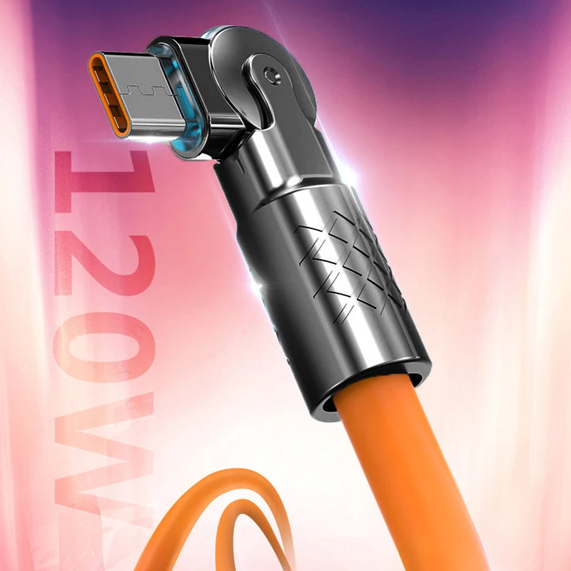 120W Super Fast Charge Type-C to Type-C Silicone Cable – 180° Rotating Elbow.