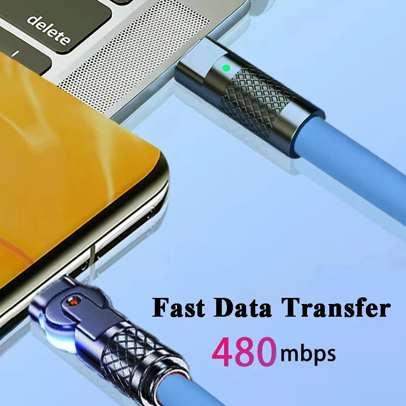 120W Super Fast Charge Type-C to Type-C Silicone Cable – 180° Rotating Elbow.