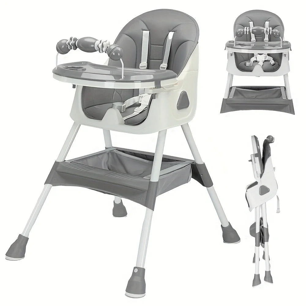 Foldable Baby High Chair – Adjustable Feeding Seat with Tray & Toy Rack.