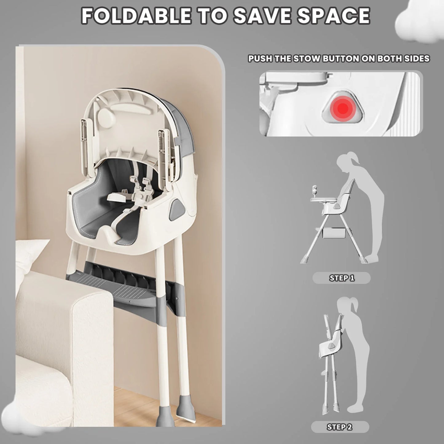 Foldable Baby High Chair – Adjustable Feeding Seat with Tray & Toy Rack.