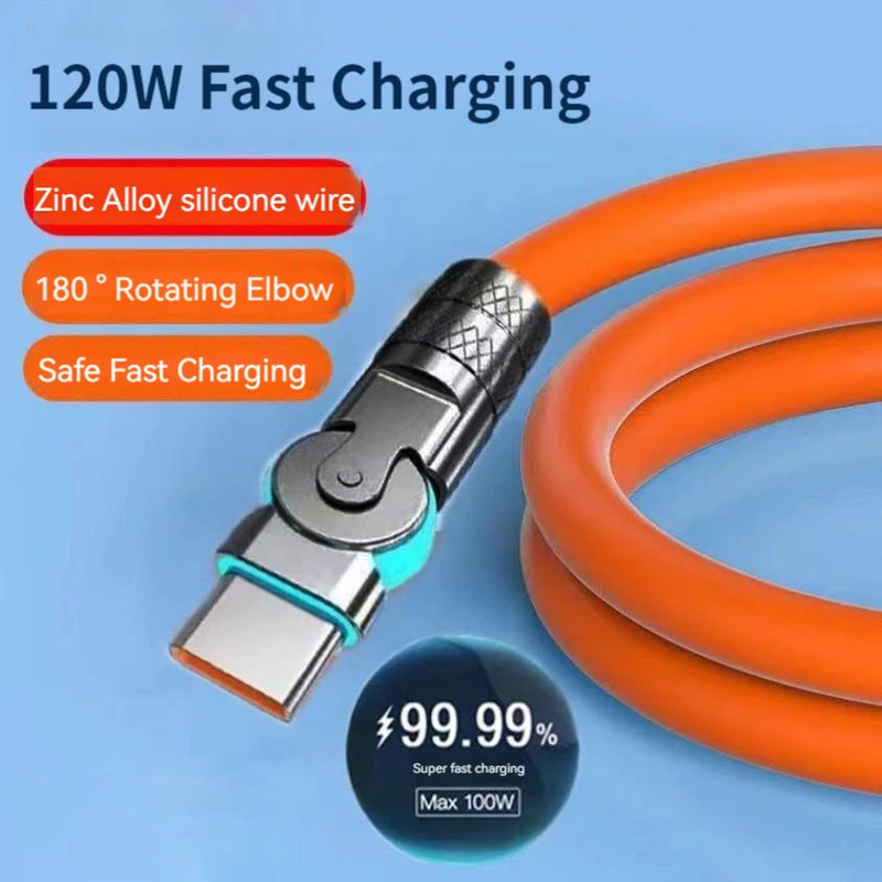 120W Super Fast Charge Type-C to Type-C Silicone Cable – 180° Rotating Elbow.