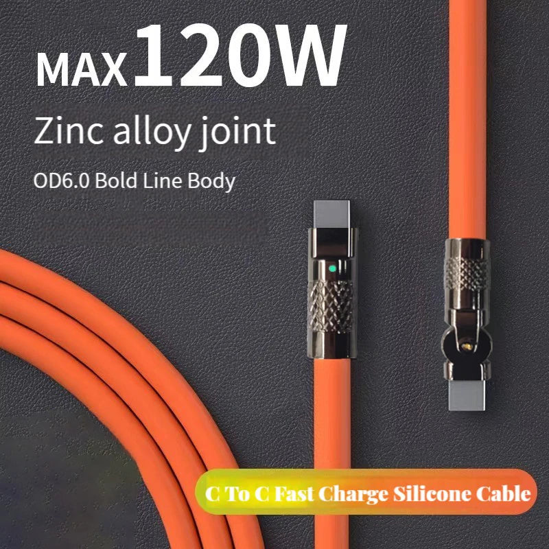 120W Super Fast Charge Type-C to Type-C Silicone Cable – 180° Rotating Elbow.